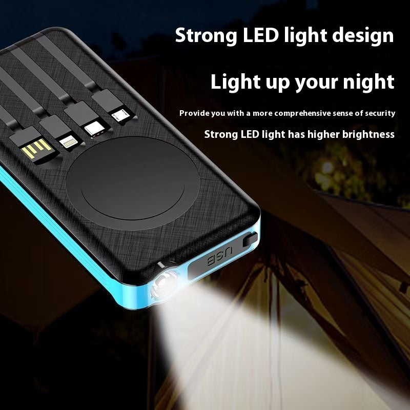 Portable solar power bank with integrated cables and wireless charging