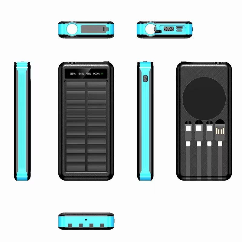 Portable solar power bank with integrated cables and wireless charging