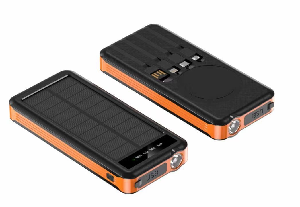 Portable solar power bank with integrated cables and wireless charging