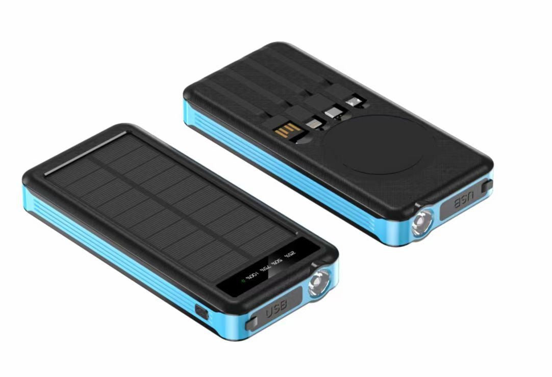 Portable solar power bank with integrated cables and wireless charging
