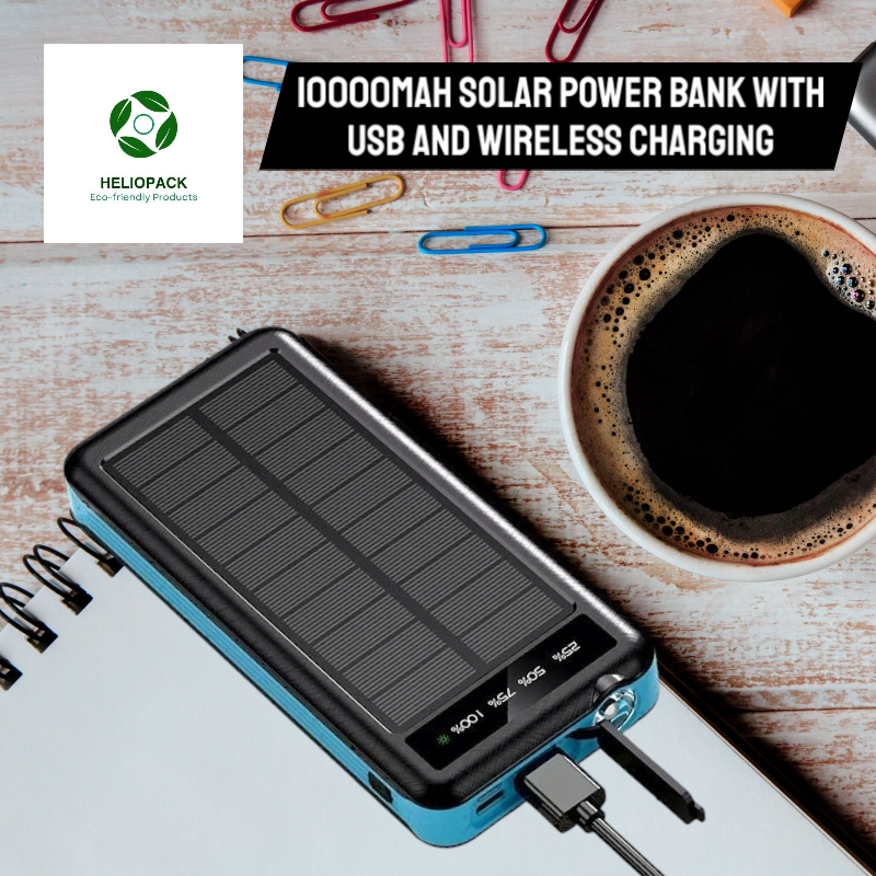 Portable solar power bank with integrated cables and wireless charging