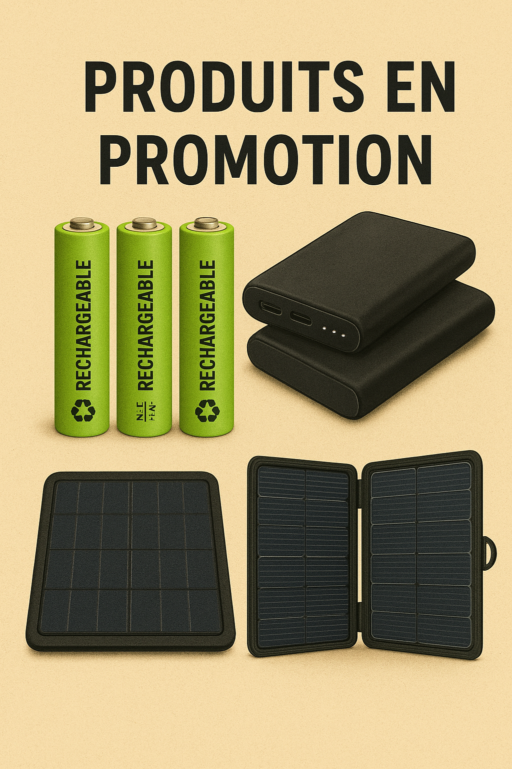 je cree une nouvelle collection sur mon site shopify:" produits en promotions". Les produits sont principalement des piles rechargeable eco, des power banks et des panneaux solaires portables. peux tu me creer une image pour cette collection