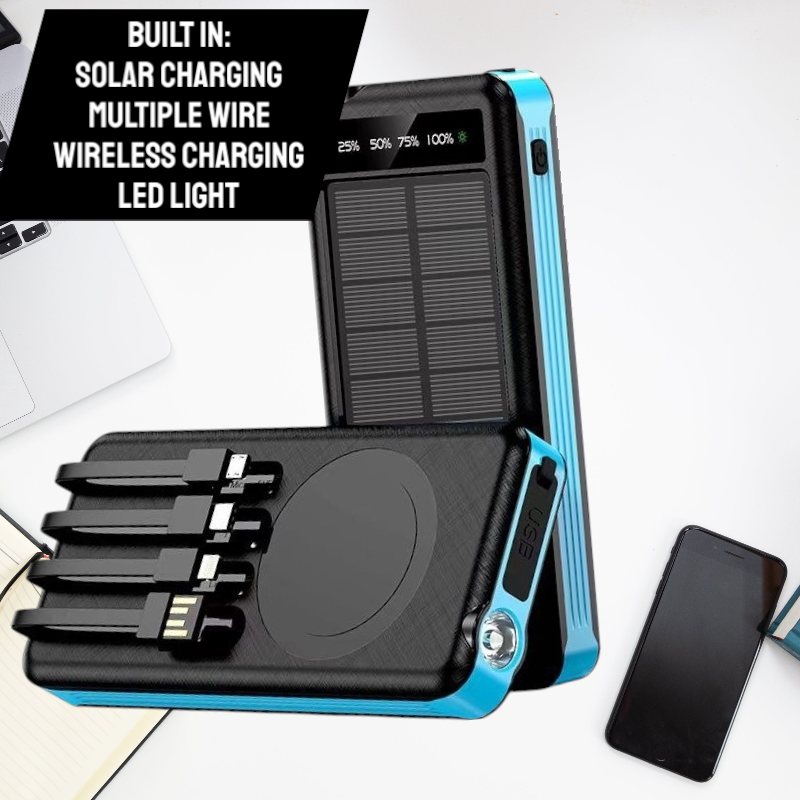 Portable solar power bank with integrated cables and wireless charging