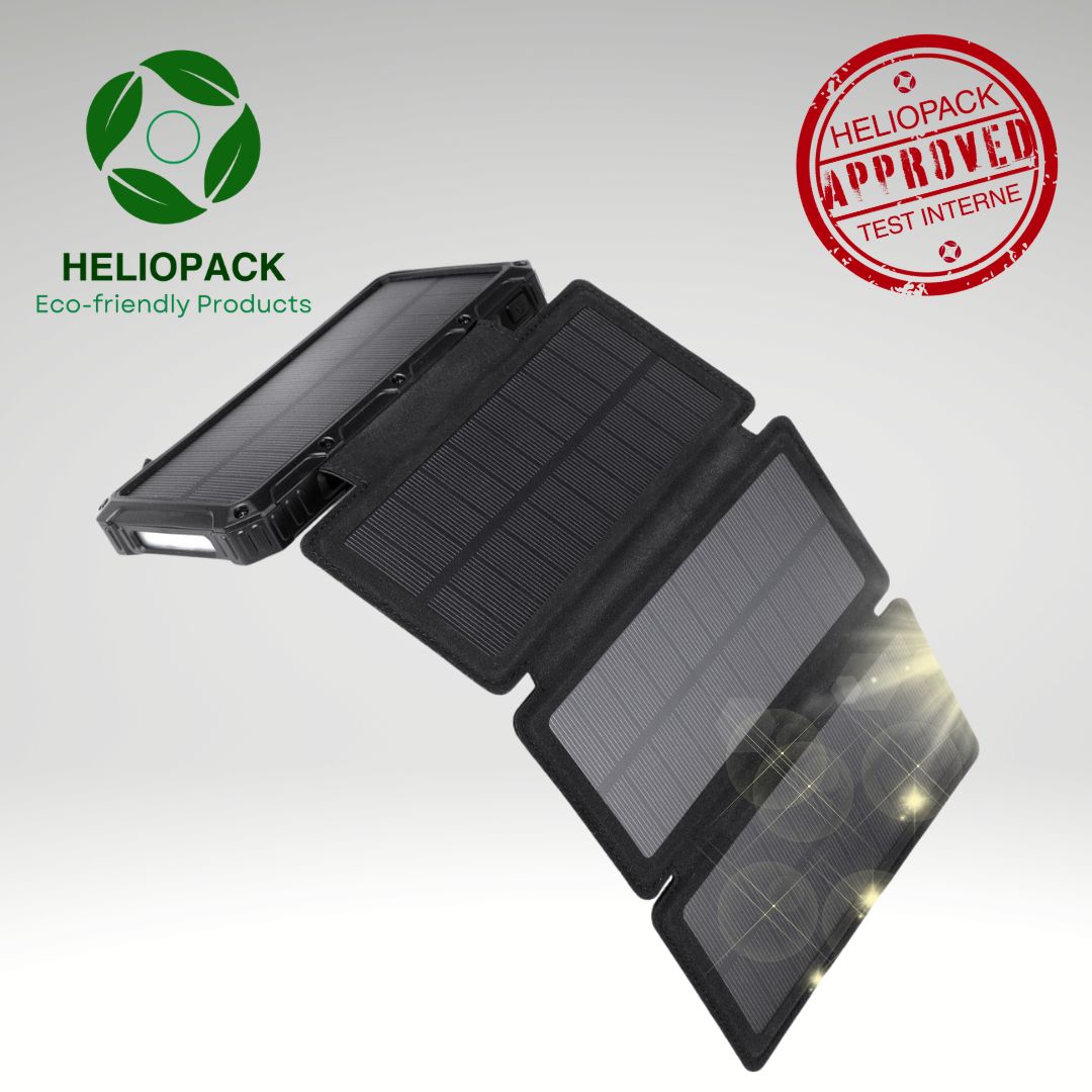 Batterie externe solaire 20000mAh HelioPack dépliée avec 4 panneaux solaires pliables 8W et lampe LED