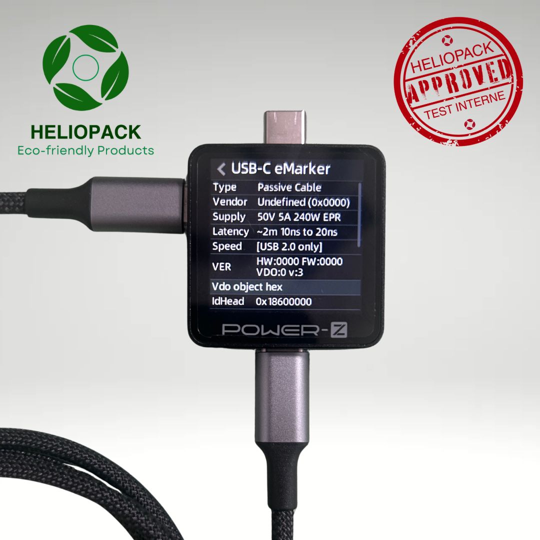 Test Power-Z du câble USB-C HelioPack confirmant 240W réels (50V 5A)