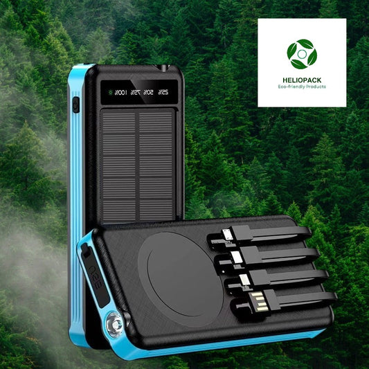 Portable solar power bank with integrated cables and wireless charging