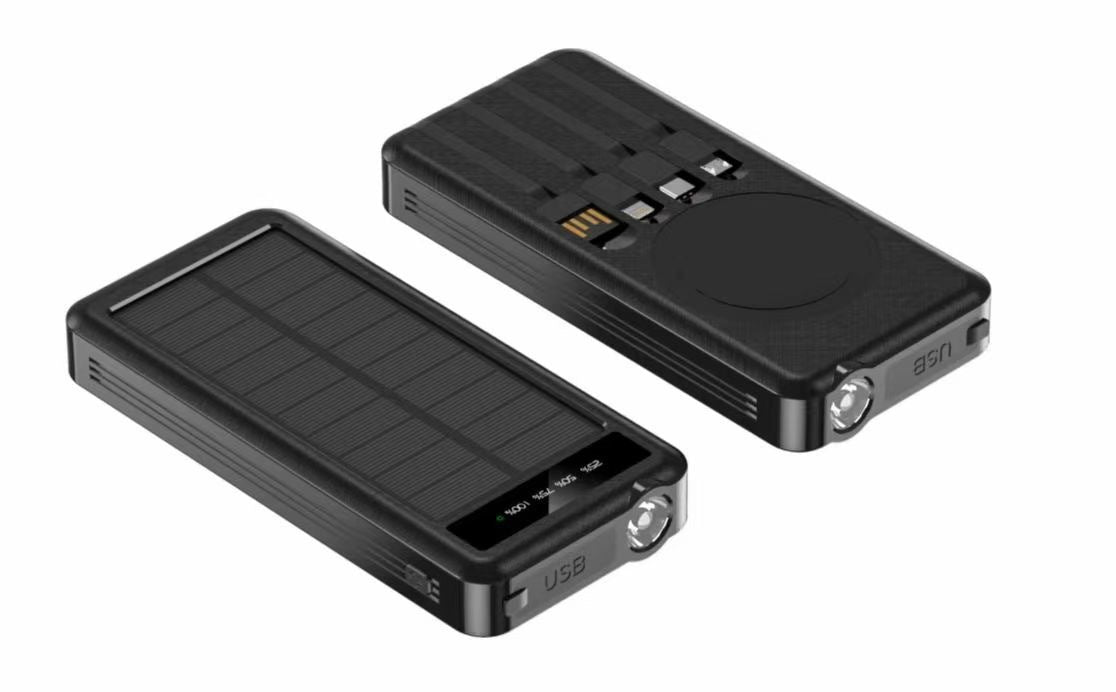 Portable solar power bank with integrated cables and wireless charging