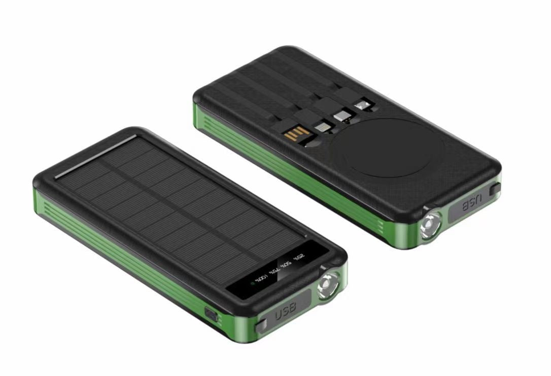 Portable solar power bank with integrated cables and wireless charging