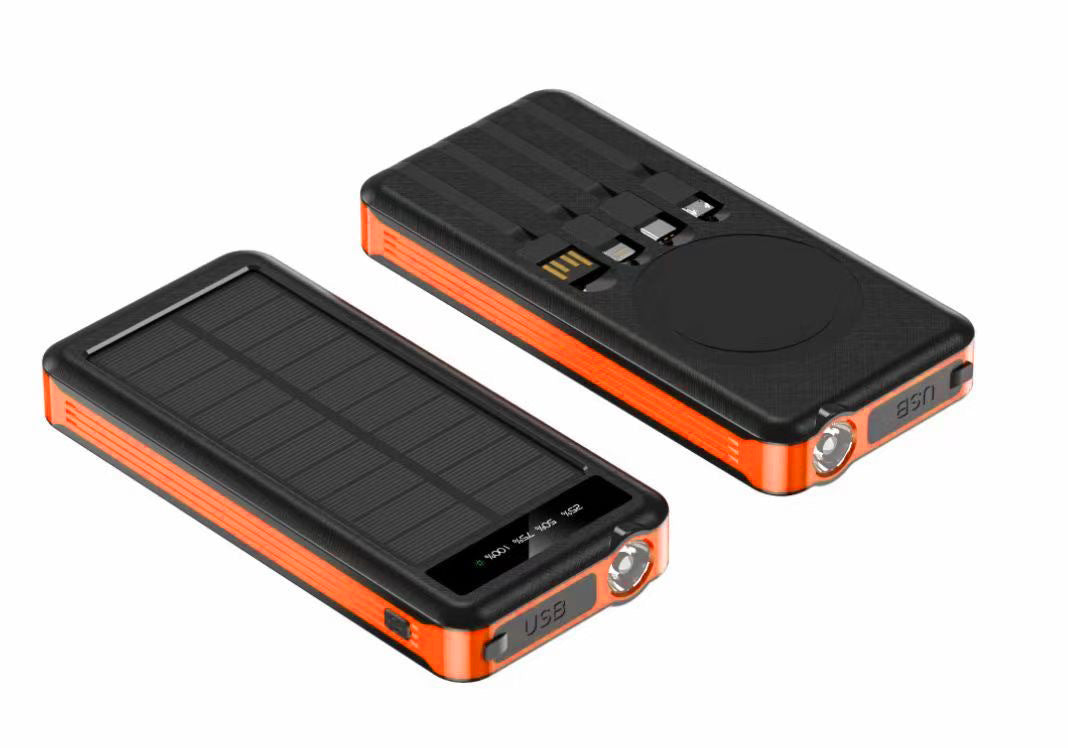 Portable solar power bank with integrated cables and wireless charging