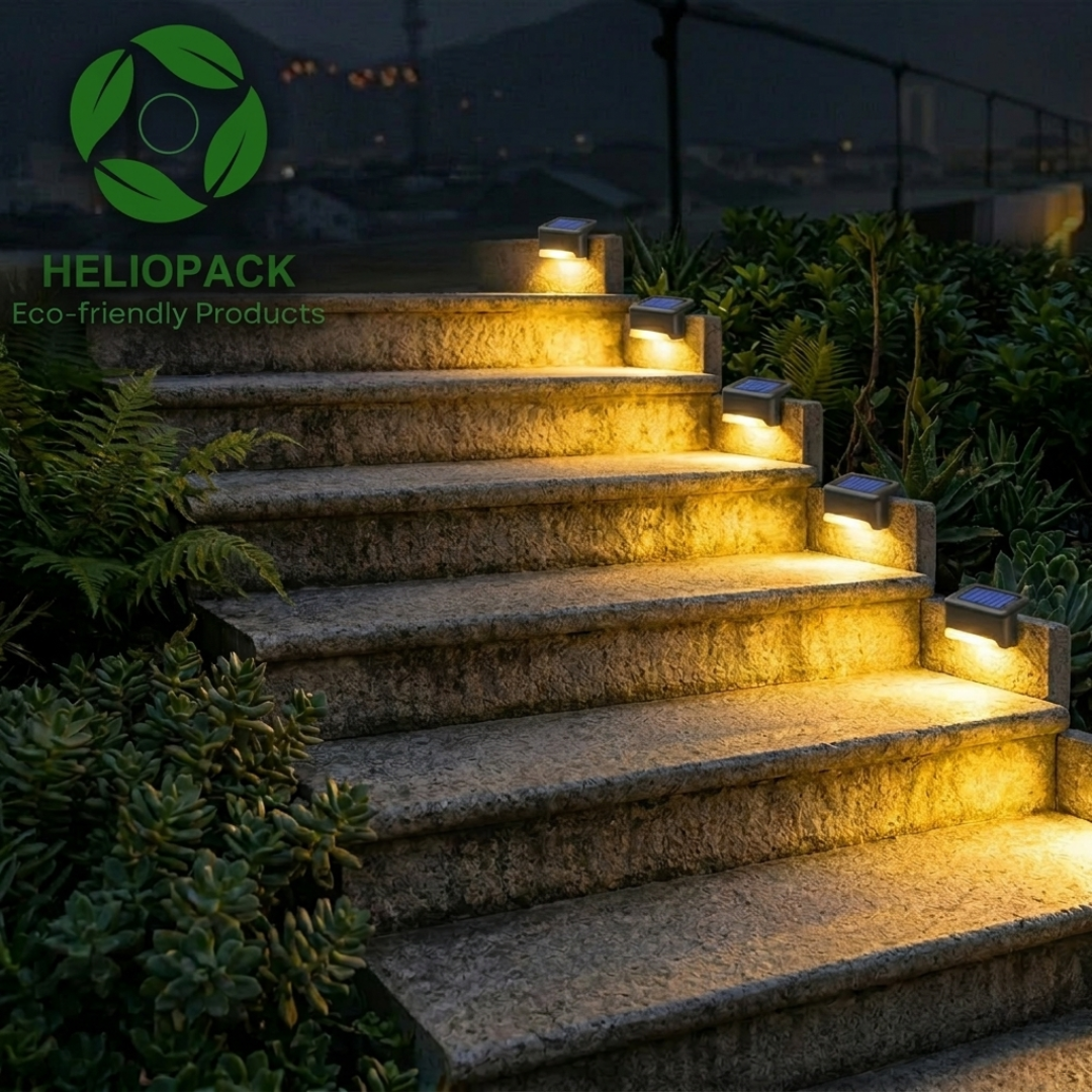 Éclairage de sécurité solaire pour marches d'escalier extérieur HelioPack, balises LED étanches IP65 posées sur le côté des dalles de pierre avec lumière chaude.