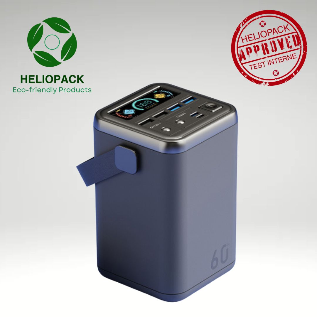 Batterie externe haute capacité 60000mAh PD 100W HelioPack avec poignée de transport, écran numérique intelligent et ports USB et Type-C