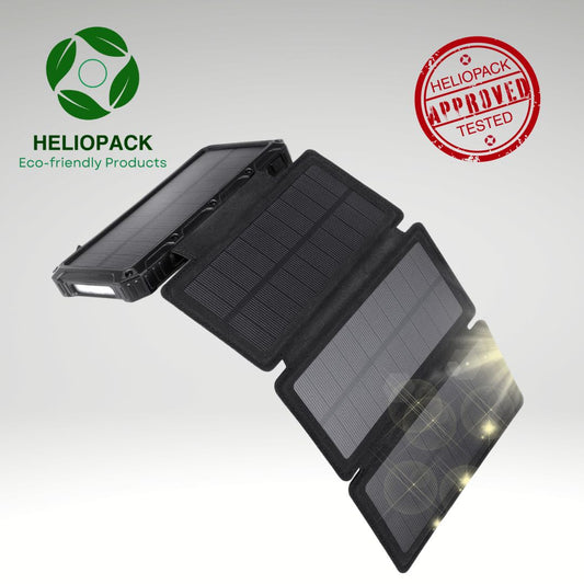 Batterie externe solaire 20000mAh HelioPack dépliée avec 4 panneaux solaires pliables 8W et lampe LED