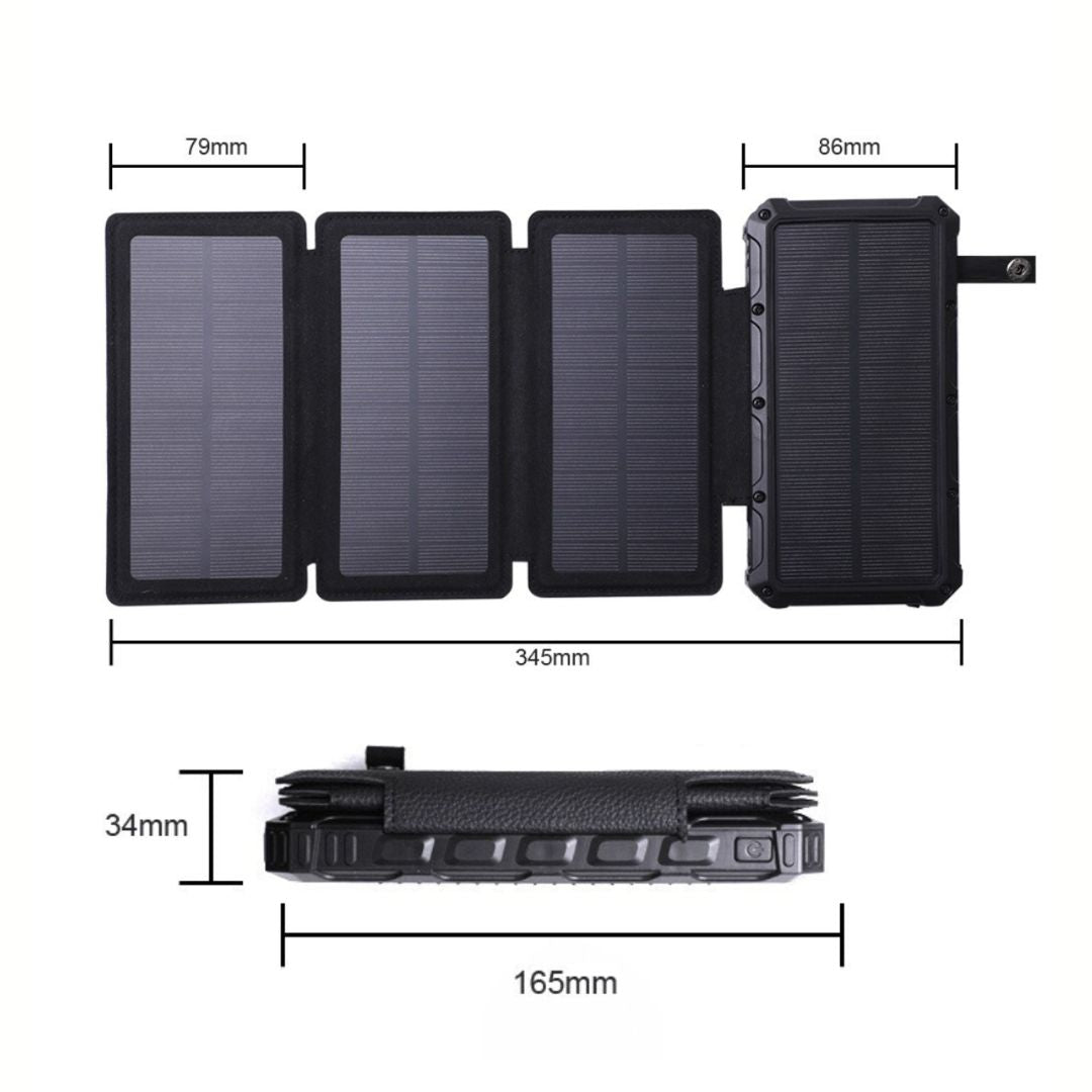 Schéma des dimensions de la batterie externe solaire 20000mAh HelioPack dépliée (345 mm) et repliée (165 mm x 34 mm)