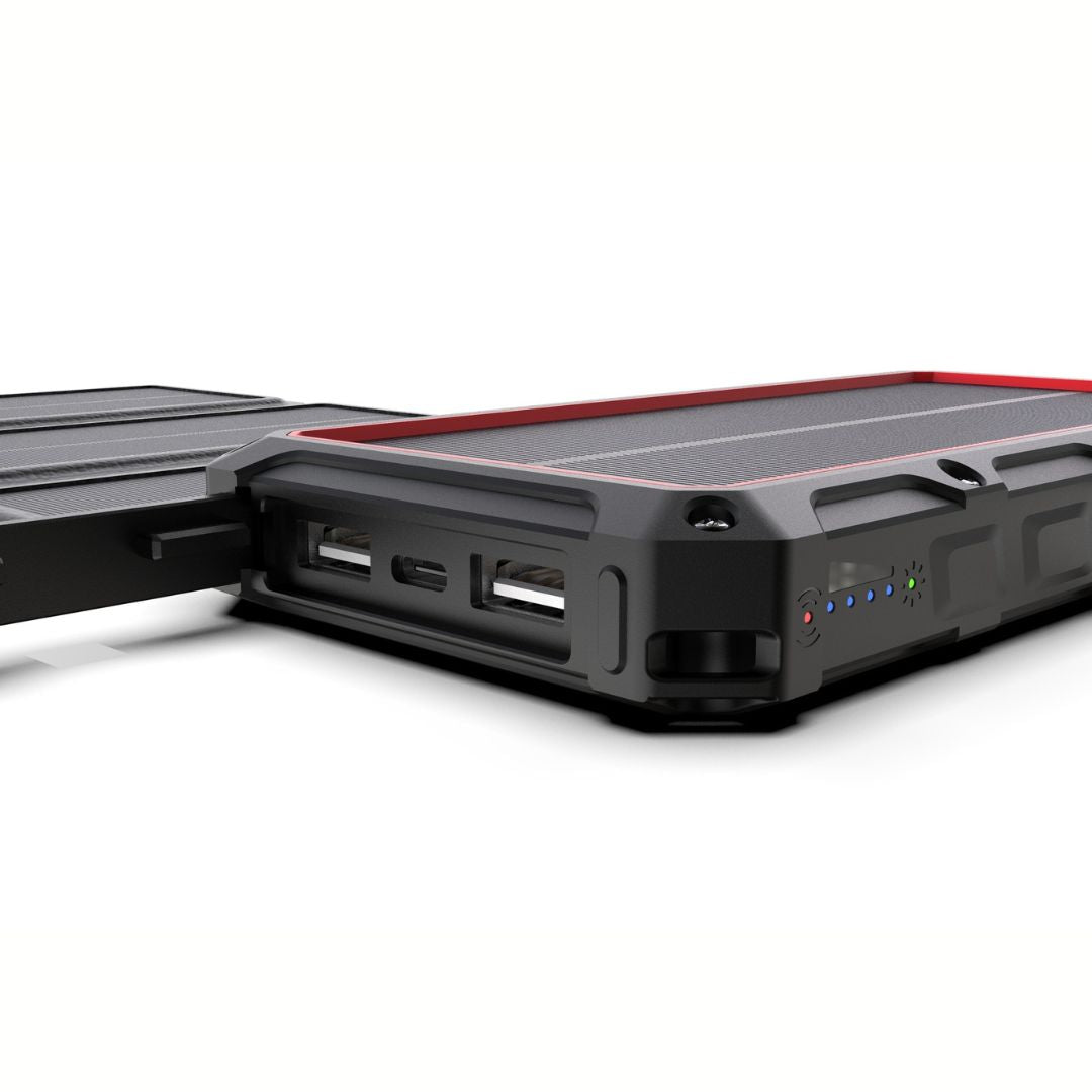 atterie externe solaire 20000mAh HelioPack dépliée avec 4 panneaux solaires pliables 8W avec 1 USB-C et 2 USB-A