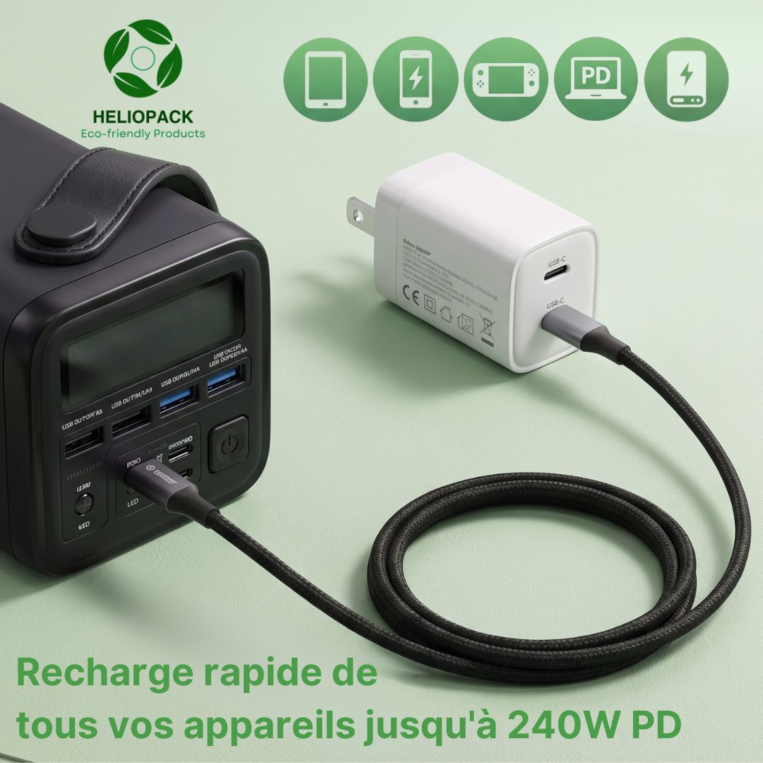 Câble USB-C 240W HelioPack rechargeant une station électrique portable, compatible tous appareils PD